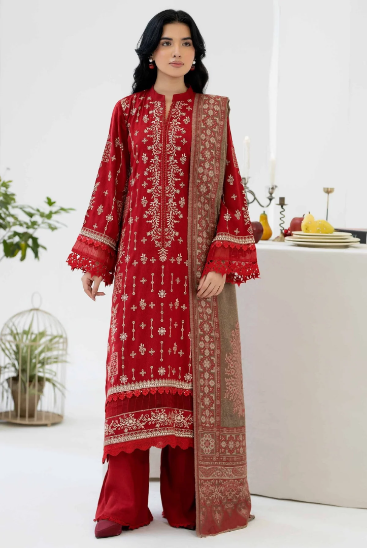 3 Piece Stitched EMBROIDERED PEACH LEATHER WITH PURE JECQUARD WOOL SHAWL ZEINA by JOHRA JW-365