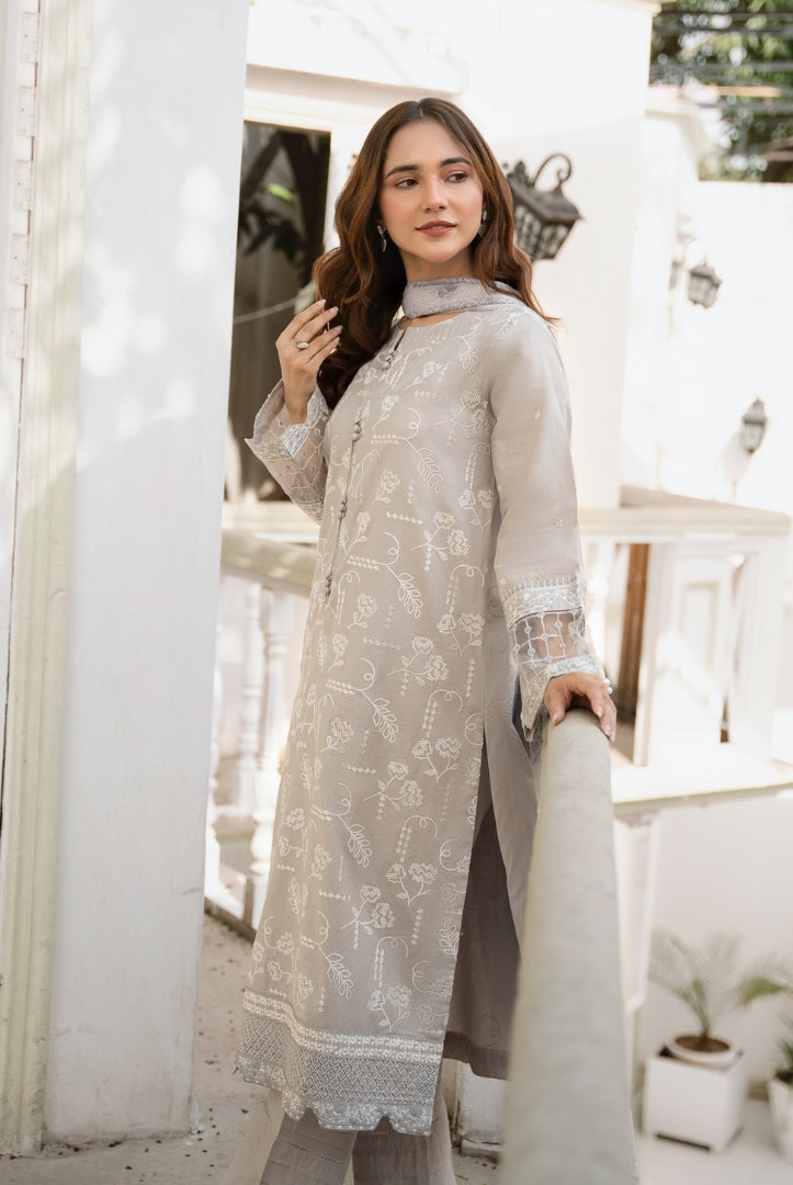 Inej By Usama Sidhu 3 Piece Stitched Embroidered Lawn Suit - Grey