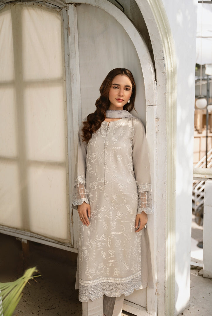 Inej By Usama Sidhu 3 Piece Stitched Embroidered Lawn Suit - Grey