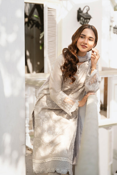 Inej By Usama Sidhu 3 Piece Stitched Embroidered Lawn Suit - Grey