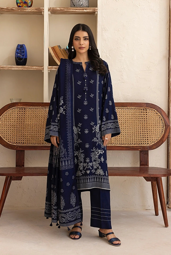 3 Piece Stitched Printed Suits Collection By Lakhany Pashmina - Navy Blue