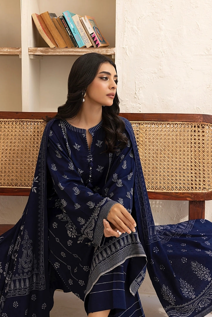 3 Piece Stitched Printed Suits Collection By Lakhany Pashmina - Navy Blue