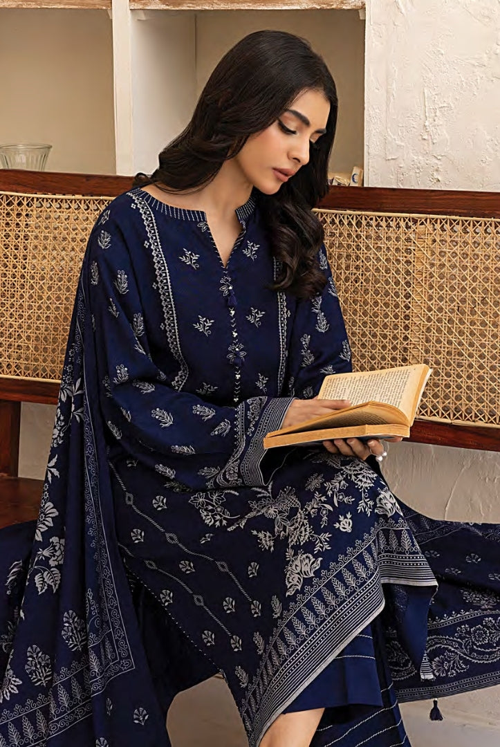 3 Piece Stitched Printed Suits Collection By Lakhany Pashmina - Navy Blue