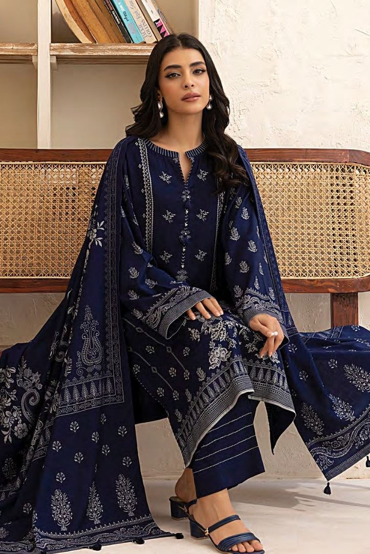 3 Piece Stitched Printed Suits Collection By Lakhany Pashmina - Navy Blue