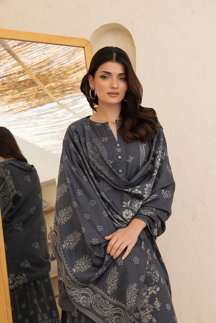 3 Piece Stitched Printed Suits Collection By Lakhany Pashmina - Grey