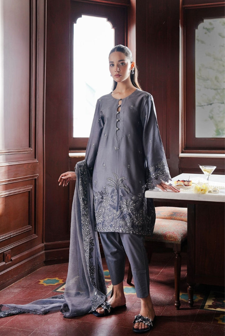 3 Piece Stitched Cotton Embroidered Suit From Satin Deluxe By Cross Stitch - Indigo Bloom