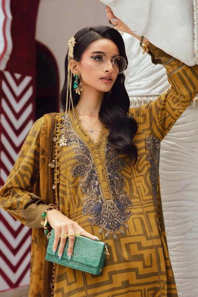 3 Piece Stitched Embroidered Linen Rani Mahal by Maria B M prints Fall Edit'25 Winter Collection MB25FE-ЗА