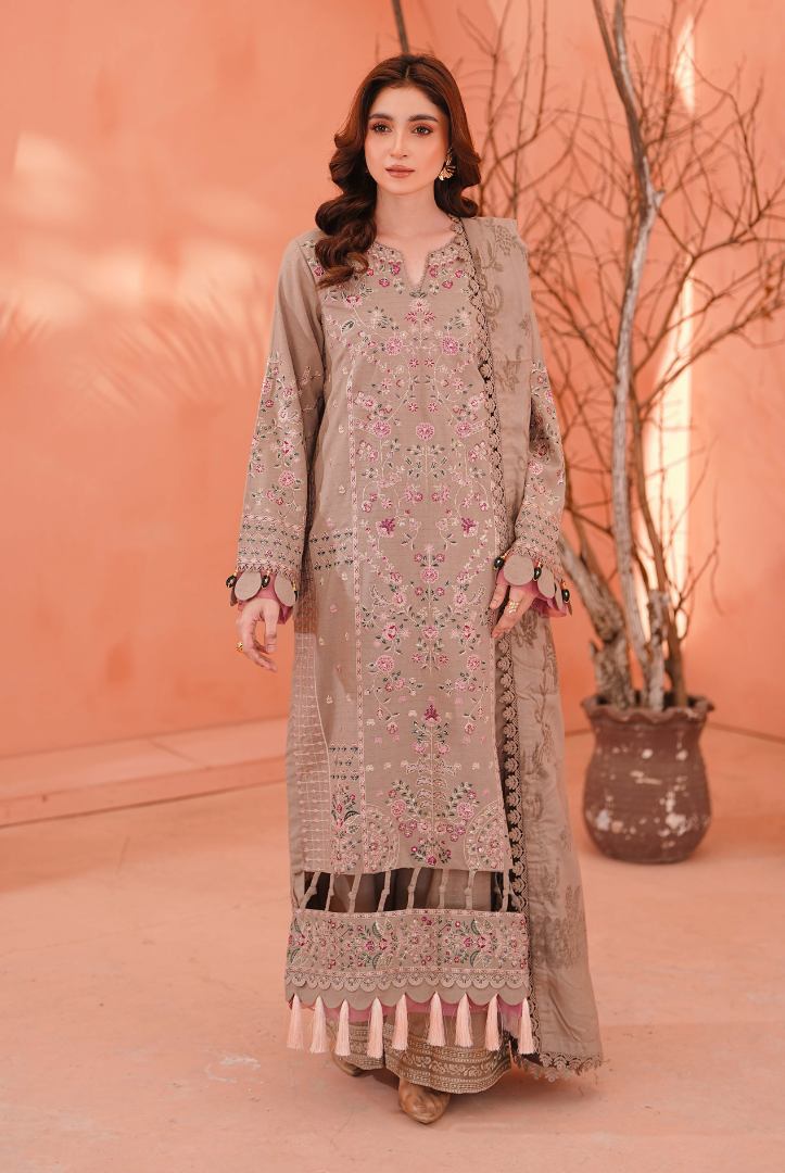 3 Piece Unstitched Embroidered jackquard velvet shawl Hoorish by Johra JW/ 589