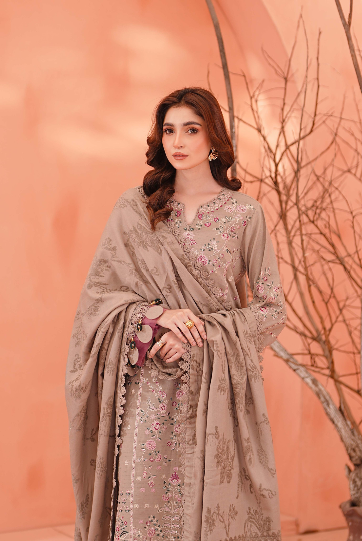 3 Piece Unstitched Embroidered jackquard velvet shawl Hoorish by Johra JW/ 589