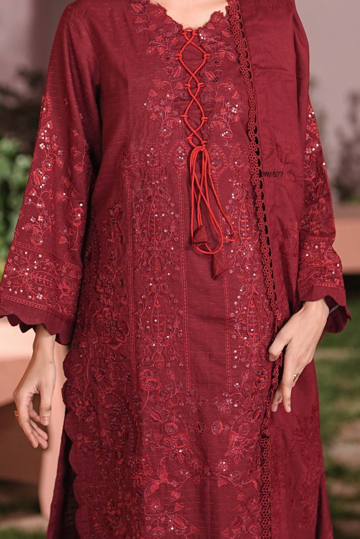 3 Piece Unstitched Embroidered Velvet Jacquard Dhanak Shawl Vihana by Johra JW/ 577