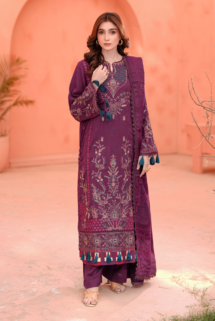 3 Piece Unstitched Embroidered jackquard velvet shawl Hoorish by Johra JW/ 590