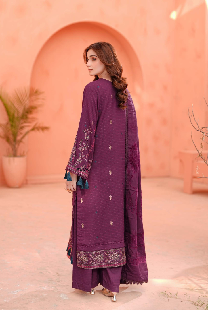 3 Piece Unstitched Embroidered jackquard velvet shawl Hoorish by Johra JW/ 590