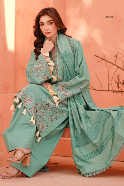 3 Piece Unstitched Embroidered Velvet Jacquard Dhanak Shawl Vihana by Johra JW/ 578