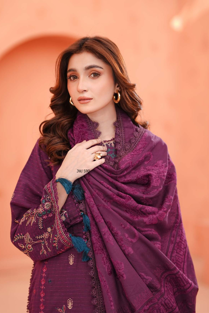 3 Piece Unstitched Embroidered jackquard velvet shawl Hoorish by Johra JW/ 590