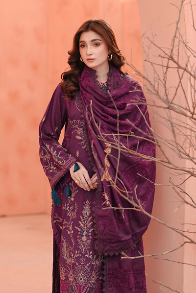 3 Piece Unstitched Embroidered jackquard velvet shawl Hoorish by Johra JW/ 590