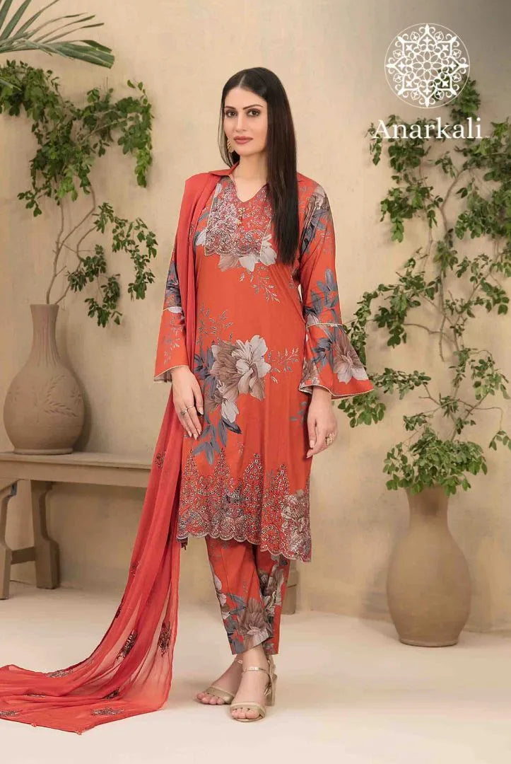 Avizeh Embroidered 3 Piece Stitched Suit (Orange)