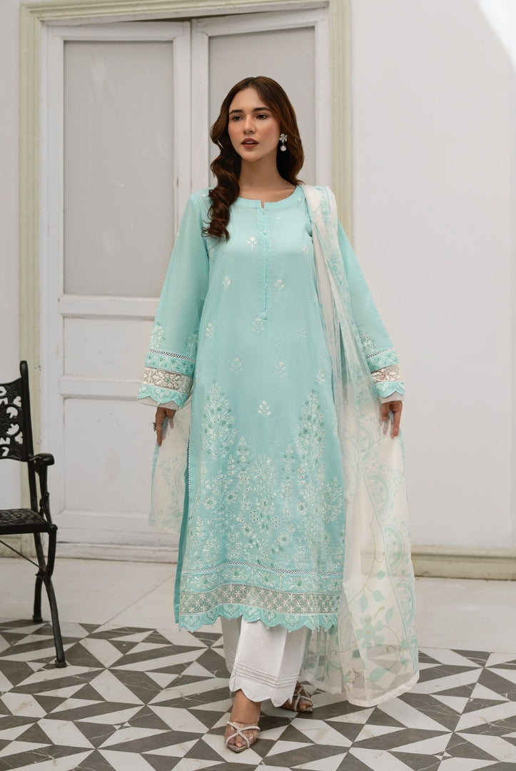 Inej By Usama Sidhu 3 Piece Stitched Embroidered Lawn Suit - Sky Blue