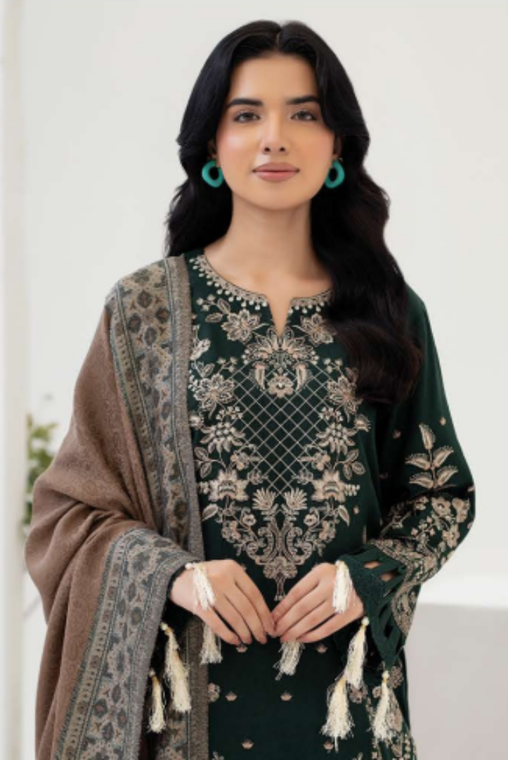 3 Piece Stitched EMBROIDERED PEACH LEATHER WITH PURE JECQUARD WOOL SHAWL ZEINA by JOHRA JW-367