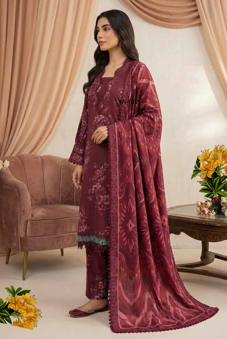 3 Piece Unstitched Wool shawl Embroidered Khaas by Johra JW-612