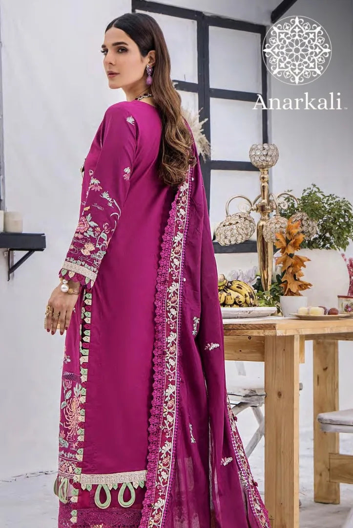 Eshaisha Festive Lawn Embroidered Collection 3Piece Stitched Suit (Purple)