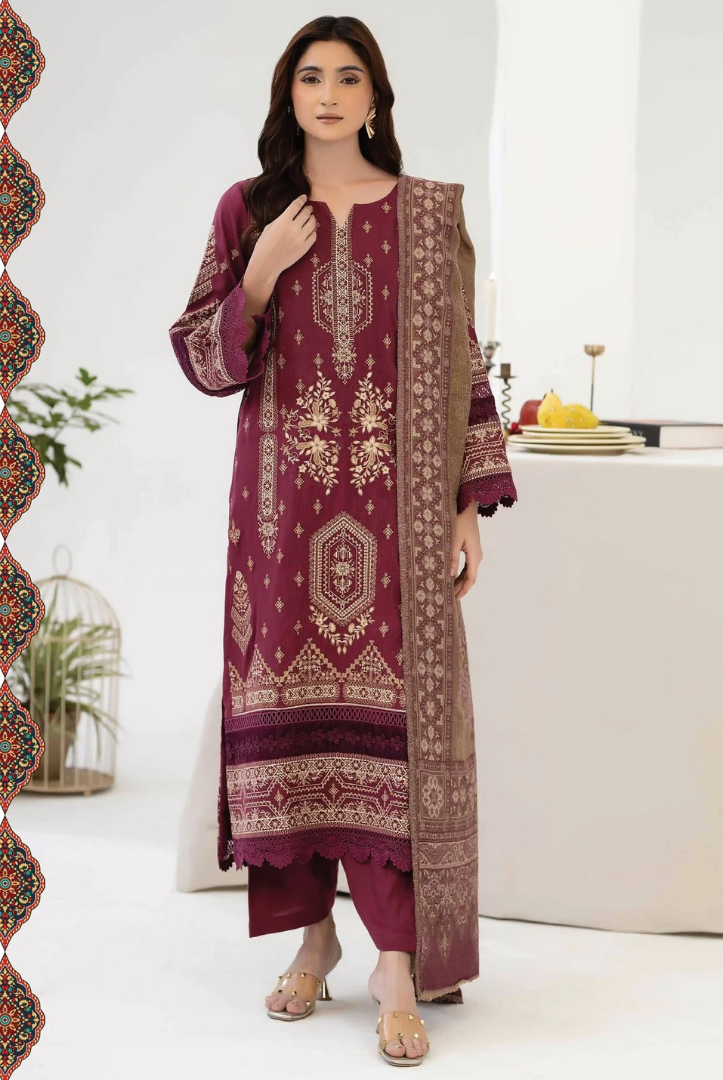 3 Piece Stitched EMBROIDERED PEACH LEATHER WITH PURE JECQUARD WOOL SHAWL ZEINA by JOHRA JW-368