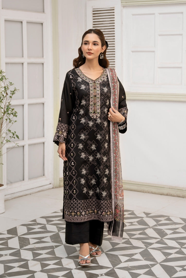 Inej By Usama Sidhu 3 Piece Stitched Embroidered Lawn Suit - Black