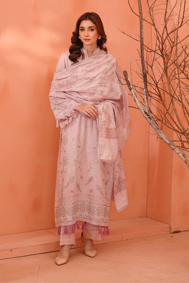 3 Piece Unstitched Embroidered Velvet Jacquard Dhanak Shawl Vihana by Johra JW/ 580