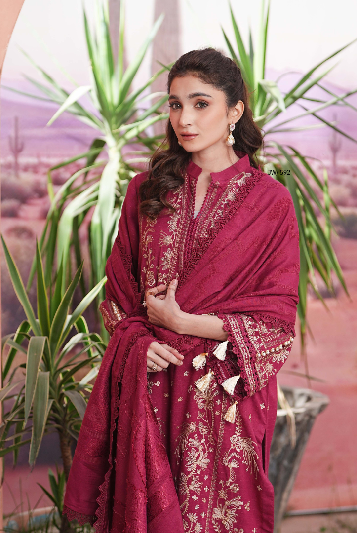 3 Piece Unstitched Embroidered jackquard velvet shawl Hoorish by Johra JW/ 592