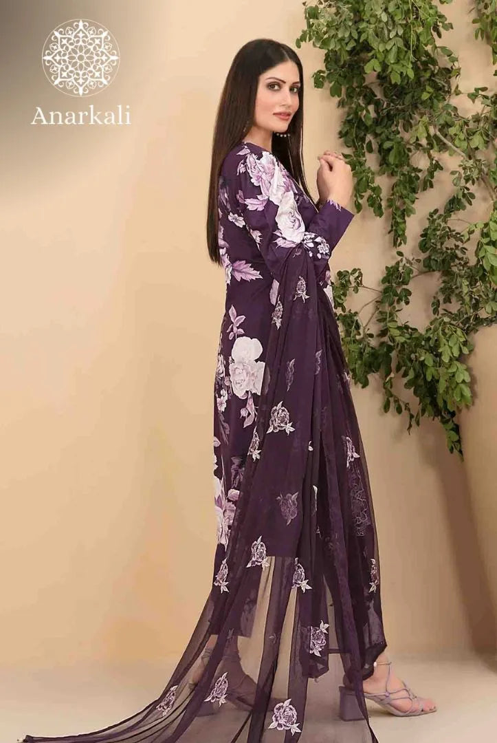 Avizeh Embroidered 3 Piece Stitched Suit (Royal Purple)