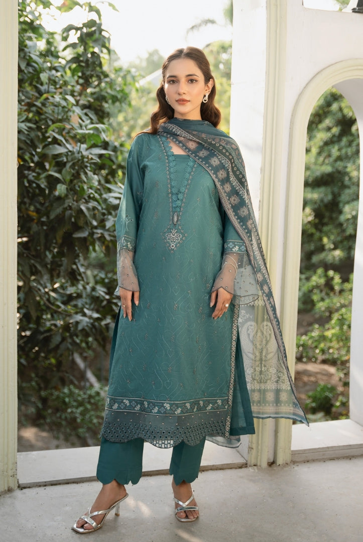 Inej By Usama Sidhu 3 Piece Stitched Embroidered Lawn Suit - Teal