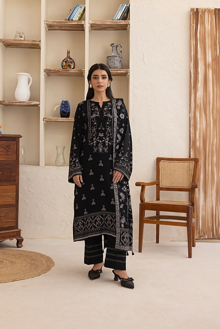 3 Piece Stitched Printed Suits Collection By Lakhany Pashmina - Black