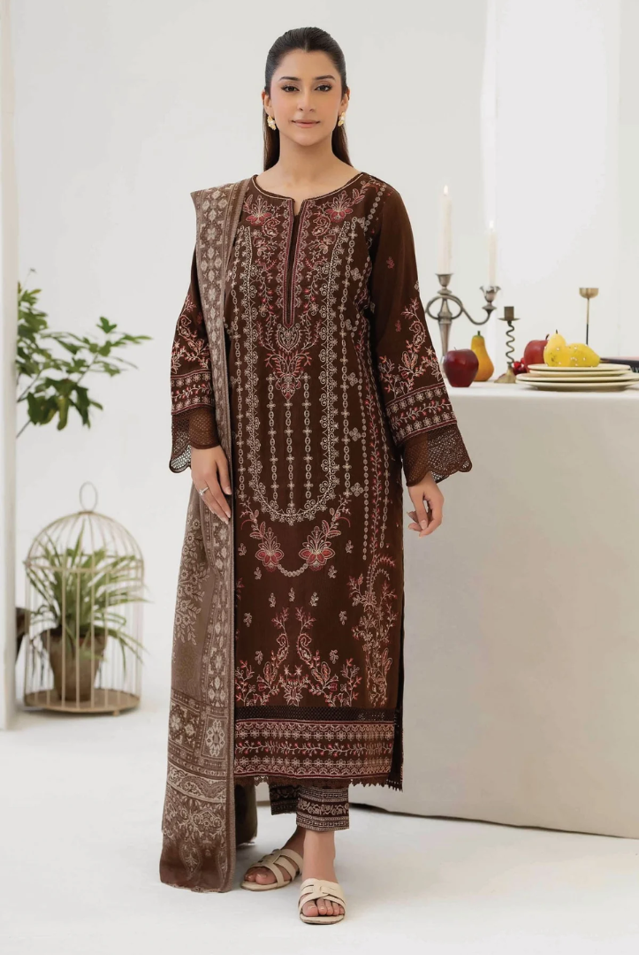 3 Piece Stitched EMBROIDERED PEACH LEATHER WITH PURE JECQUARD WOOL SHAWL ZEINA by JOHRA JW-369