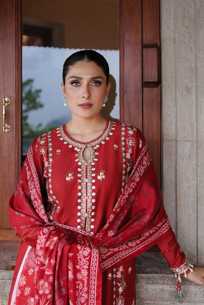 3 Piece Stitched Cotton Embroidered Suit From Satin Deluxe By Cross Stitch - Ruby Whisper