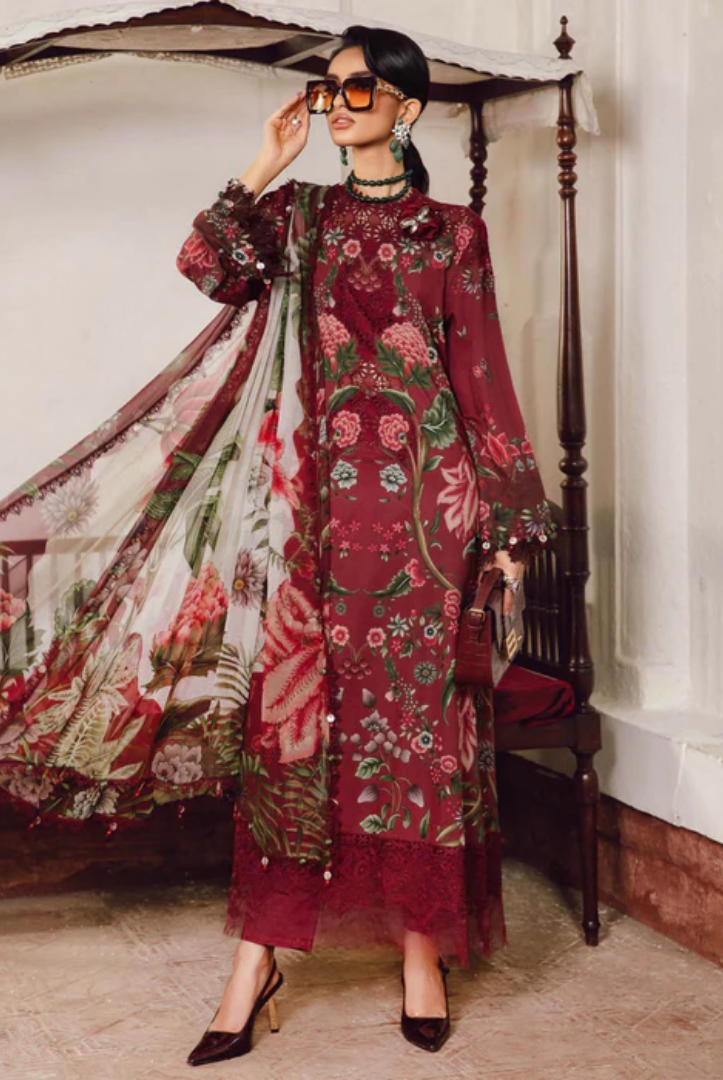 3 Piece Stitched Embroidered Linen Rani Mahal by Maria B M prints Fall Edit'25 Winter Collection MB25FE-9A