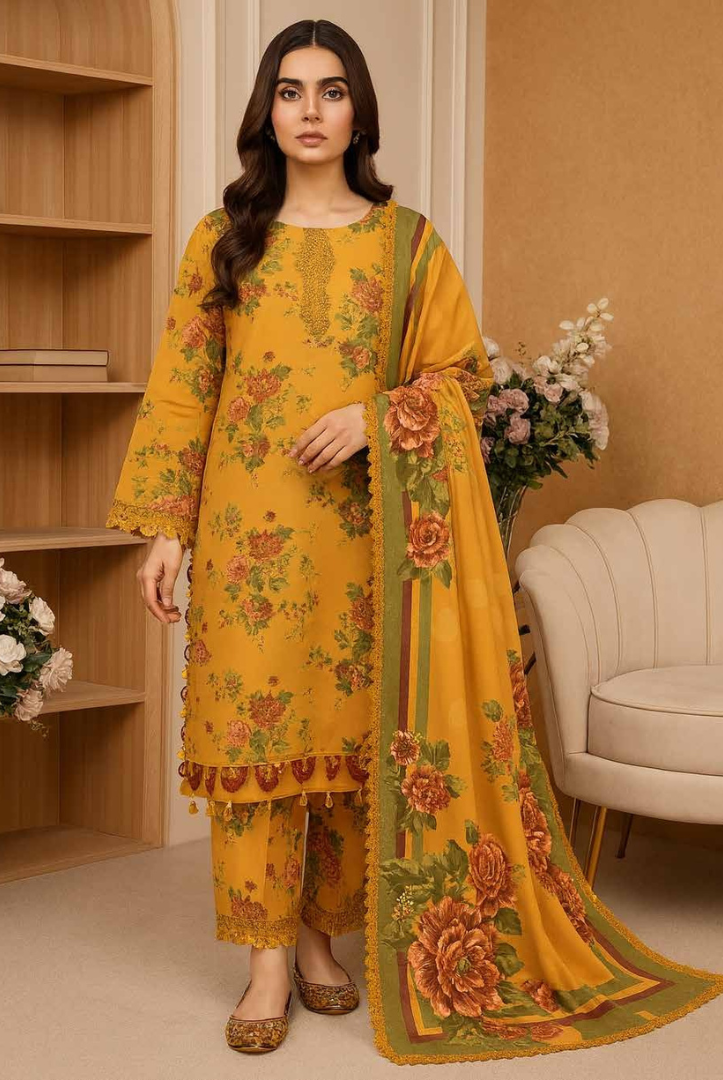 3 Piece Unstitched Wool shawl Embroidered Khaas by Johra JW-614
