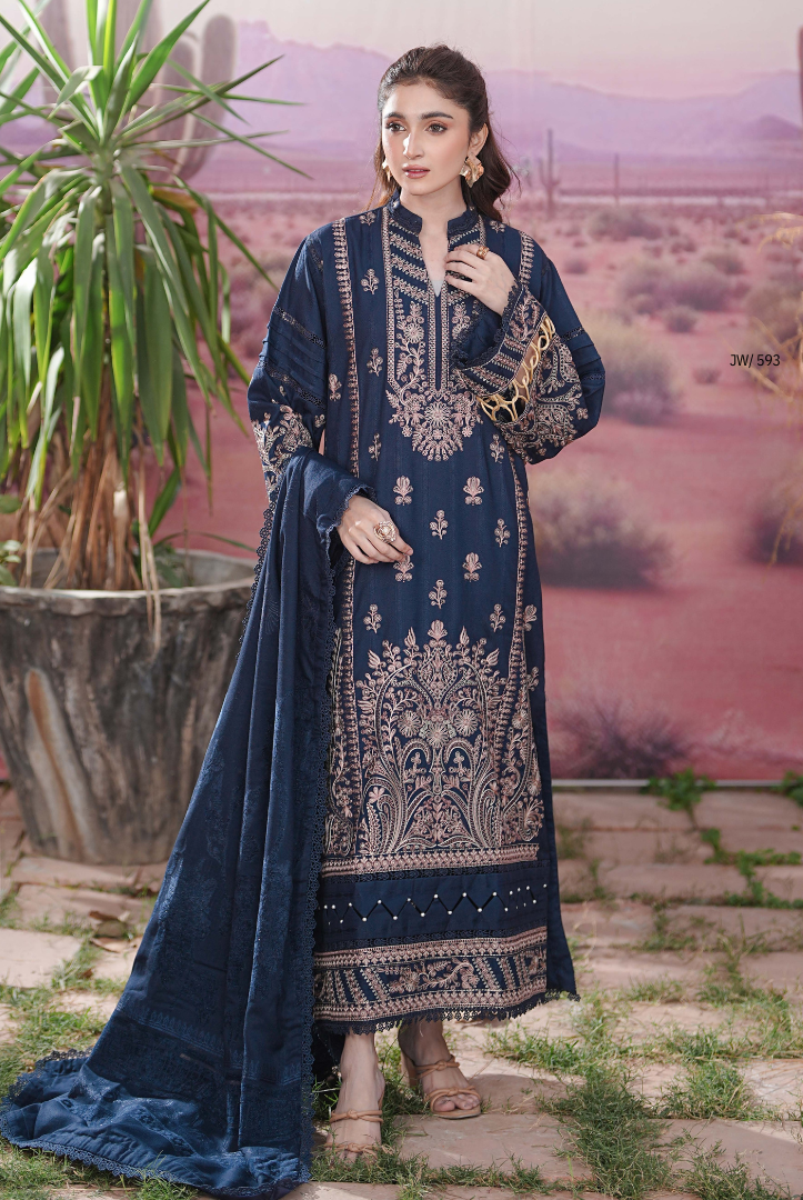 3 Piece Unstitched Embroidered jackquard velvet shawl Hoorish by Johra JW/ 593