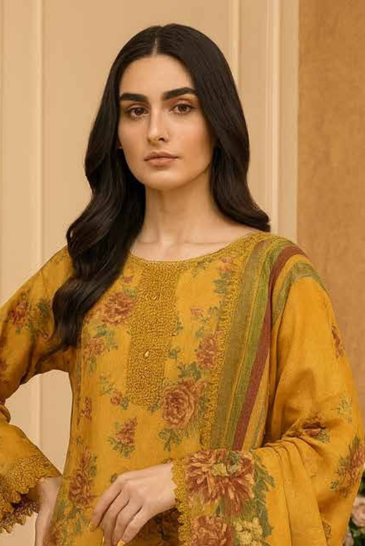 3 Piece Unstitched Wool shawl Embroidered Khaas by Johra JW-614