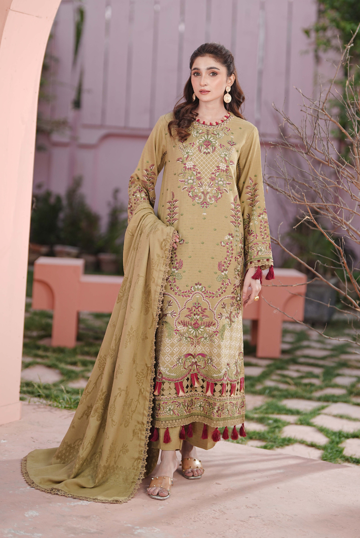 3 Piece Unstitched Embroidered Velvet Jacquard Dhanak Shawl Vihana by Johra JW/ 581