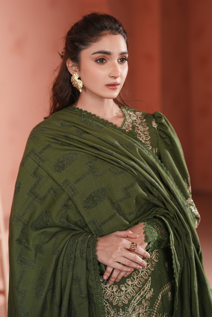 3 Piece Unstitched Embroidered jackquard velvet shawl Hoorish by Johra JW/ 594