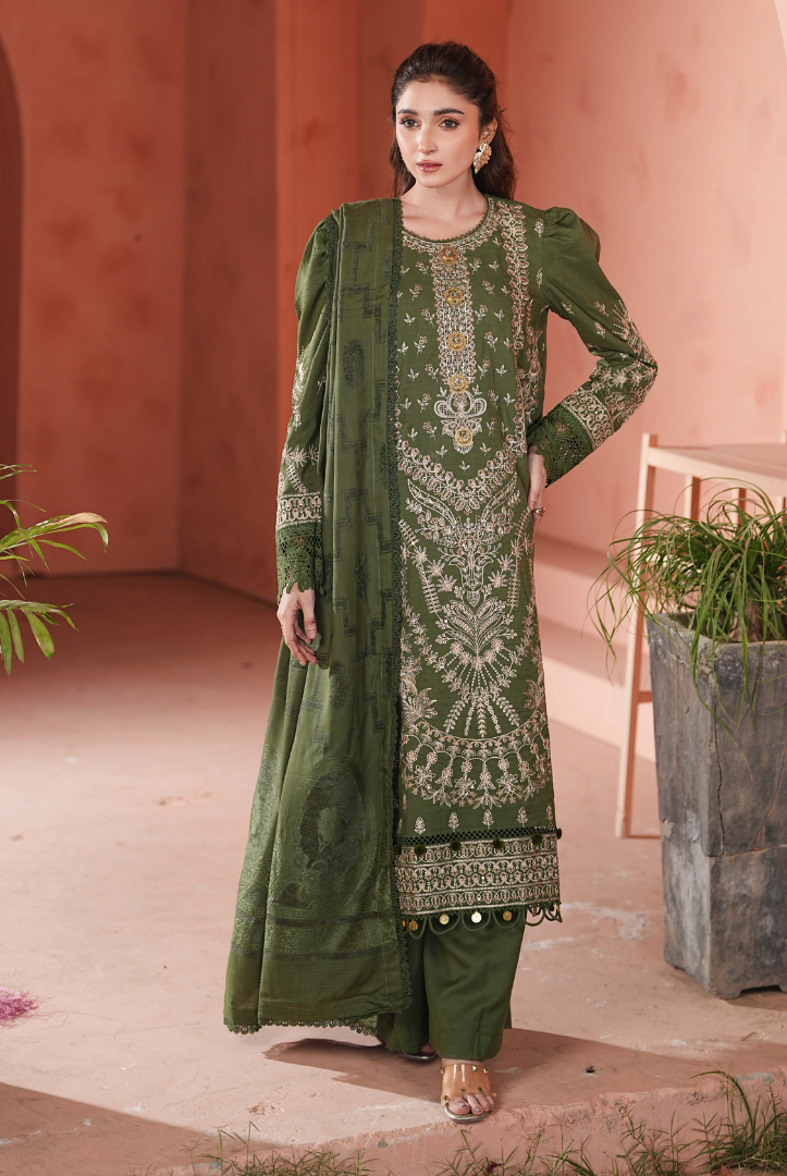 3 Piece Unstitched Embroidered jackquard velvet shawl Hoorish by Johra JW/ 594