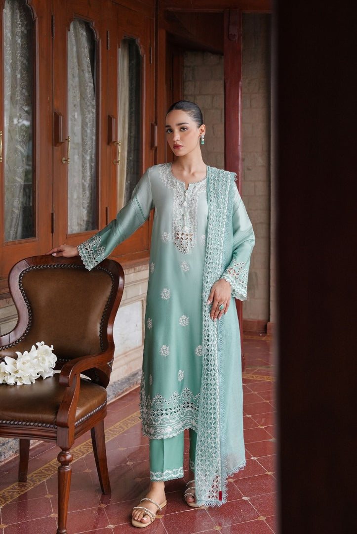 3 Piece Stitched Cotton Embroidered Suit From Satin Deluxe By Cross Stitch - Aqua Melody