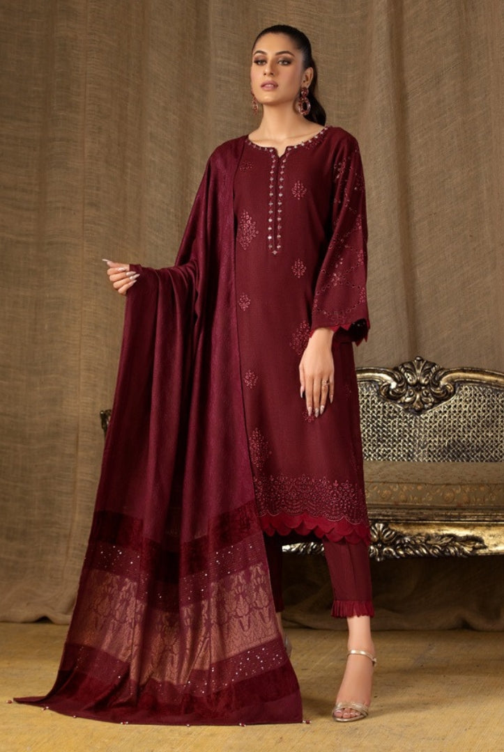 Tehzeeb By Riaz Arts Embroidered Leather Peach With Velvet Shawl Suits Collection - 07