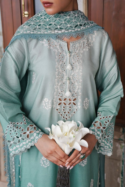 3 Piece Stitched Cotton Embroidered Suit From Satin Deluxe By Cross Stitch - Aqua Melody