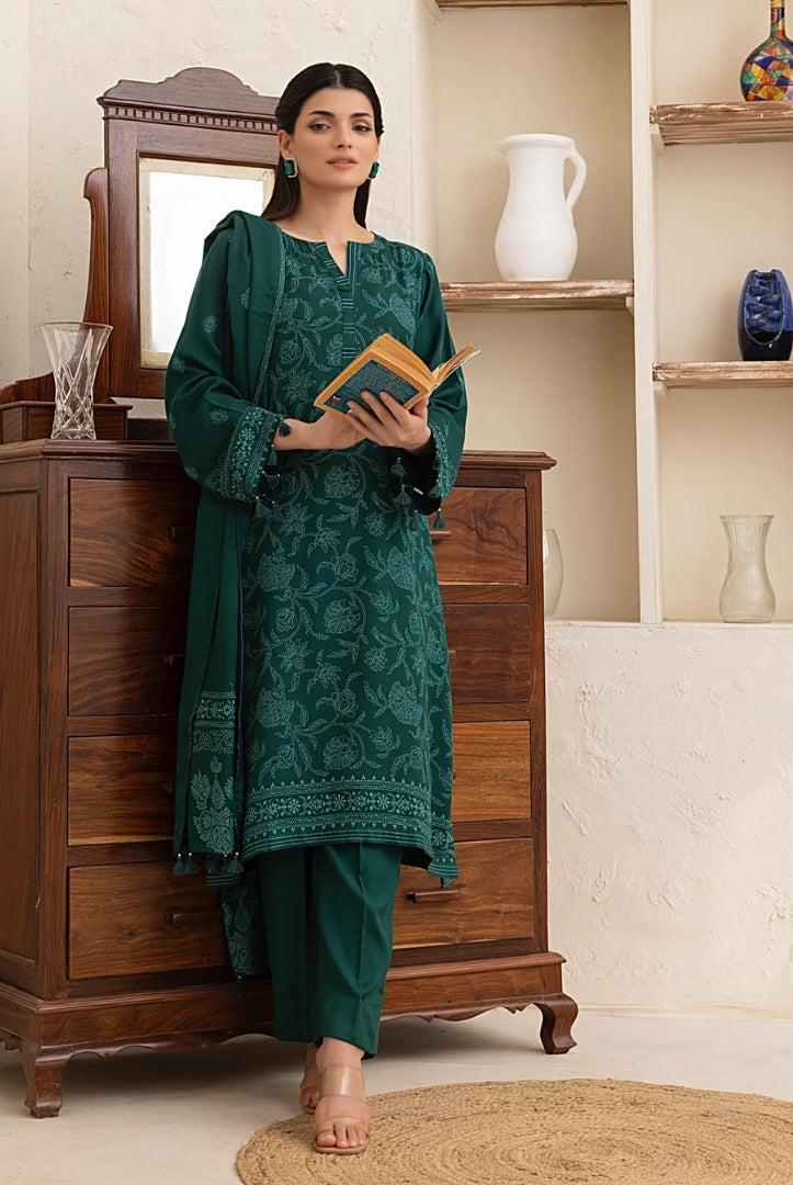 3 Piece Stitched Printed Suits Collection By Lakhany Pashmina - Bottle Green