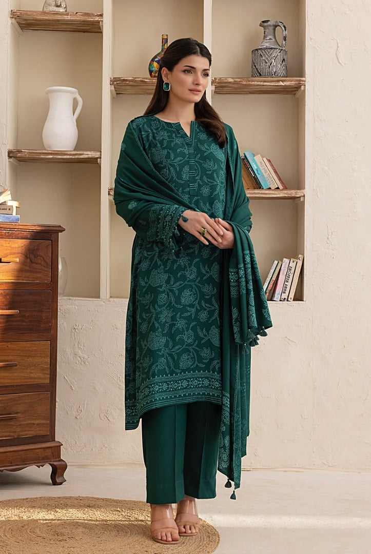 3 Piece Stitched Printed Suits Collection By Lakhany Pashmina - Bottle Green