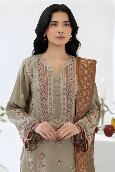 3 Piece Stitched EMBROIDERED PEACH LEATHER WITH PURE JECQUARD WOOL SHAWL ZEINA by JOHRA JW-372