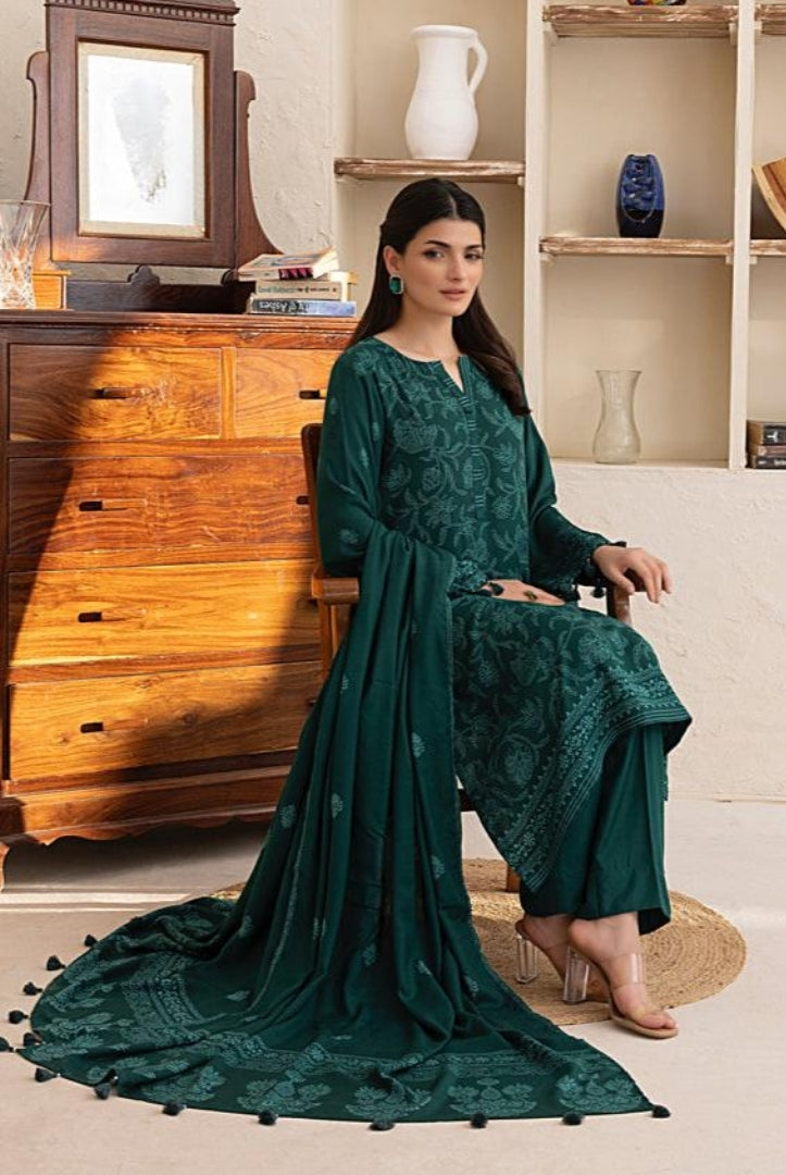 3 Piece Stitched Printed Suits Collection By Lakhany Pashmina - Bottle Green