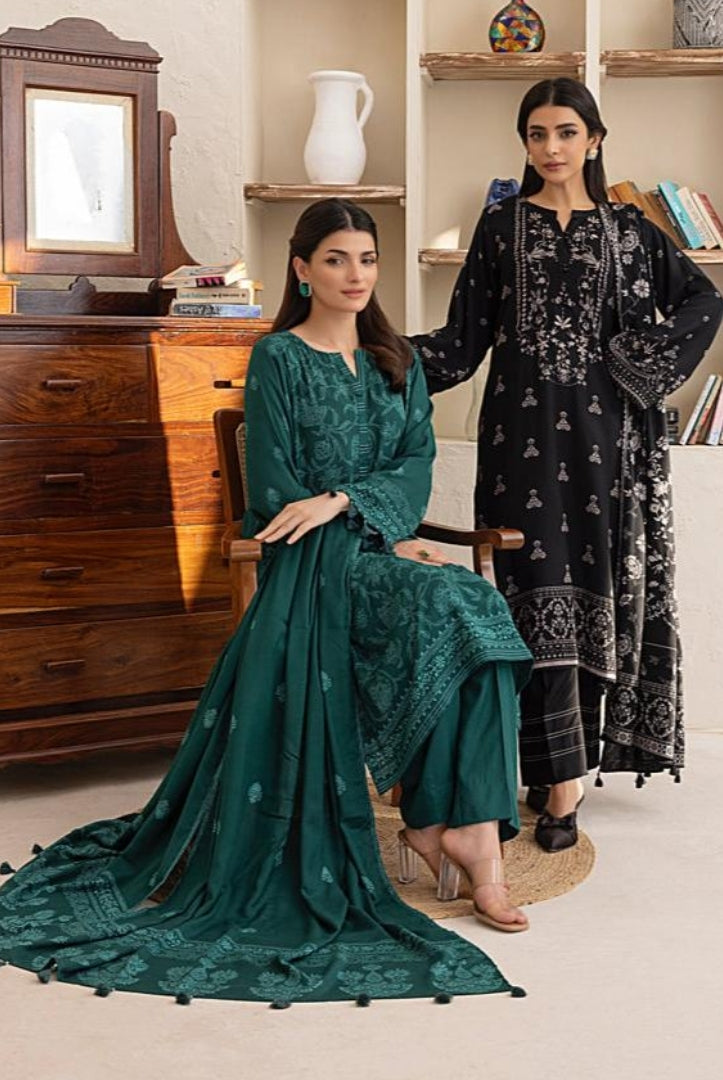 3 Piece Stitched Printed Suits Collection By Lakhany Pashmina - Bottle Green