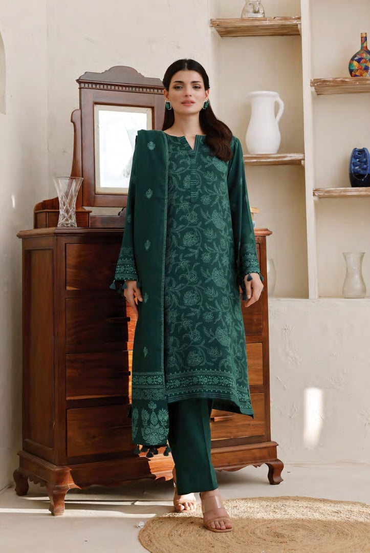 3 Piece Stitched Printed Suits Collection By Lakhany Pashmina - Bottle Green