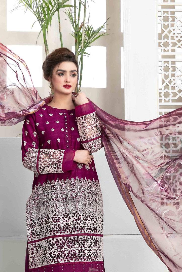 Eyana By Tawakkal Pret 3 Piece Stitched Schiffli Embroidered Lawn Suit - 01